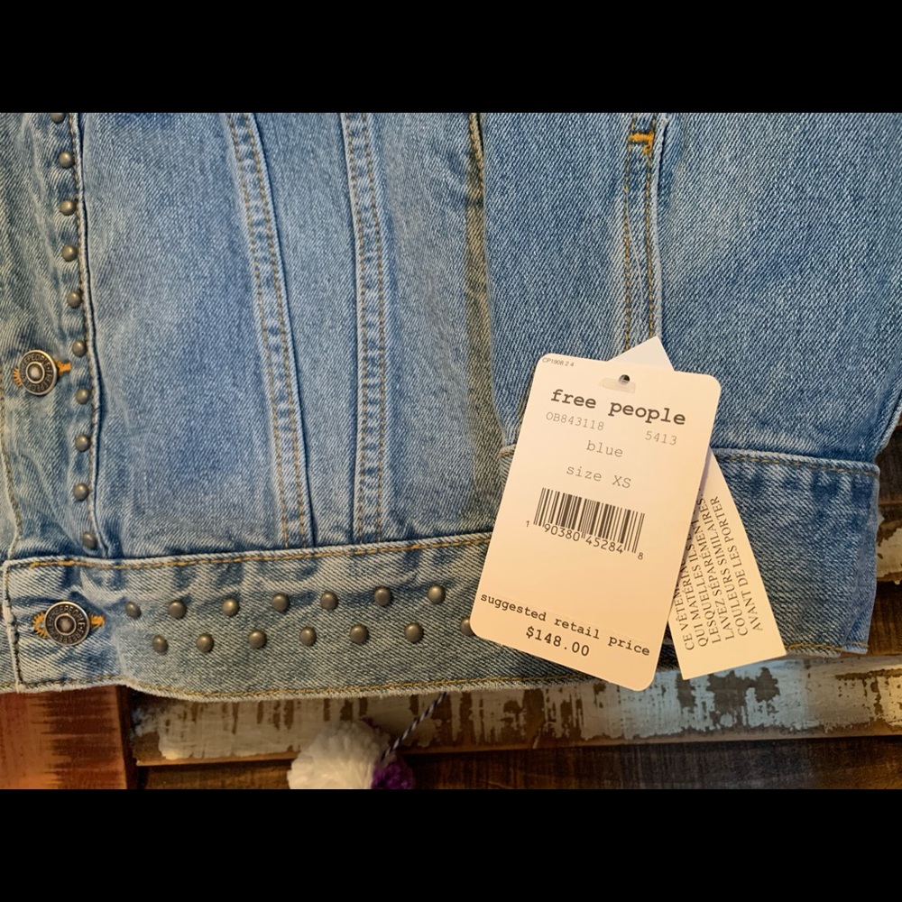 NWT FREE PEOPLE Cotton Studded Denim Jacket XS - Picture 4 of 14
